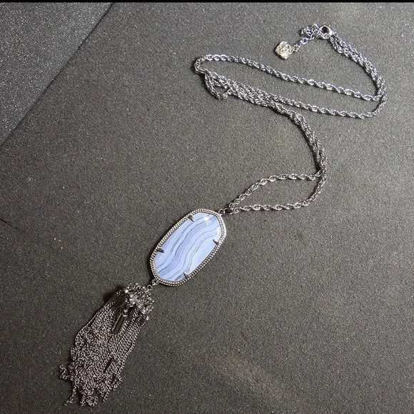 Kendra Scott Blue Lace Agate Rayne Silver Tone Statement Tassel Necklace 28" Lng - Picture 1 of 8